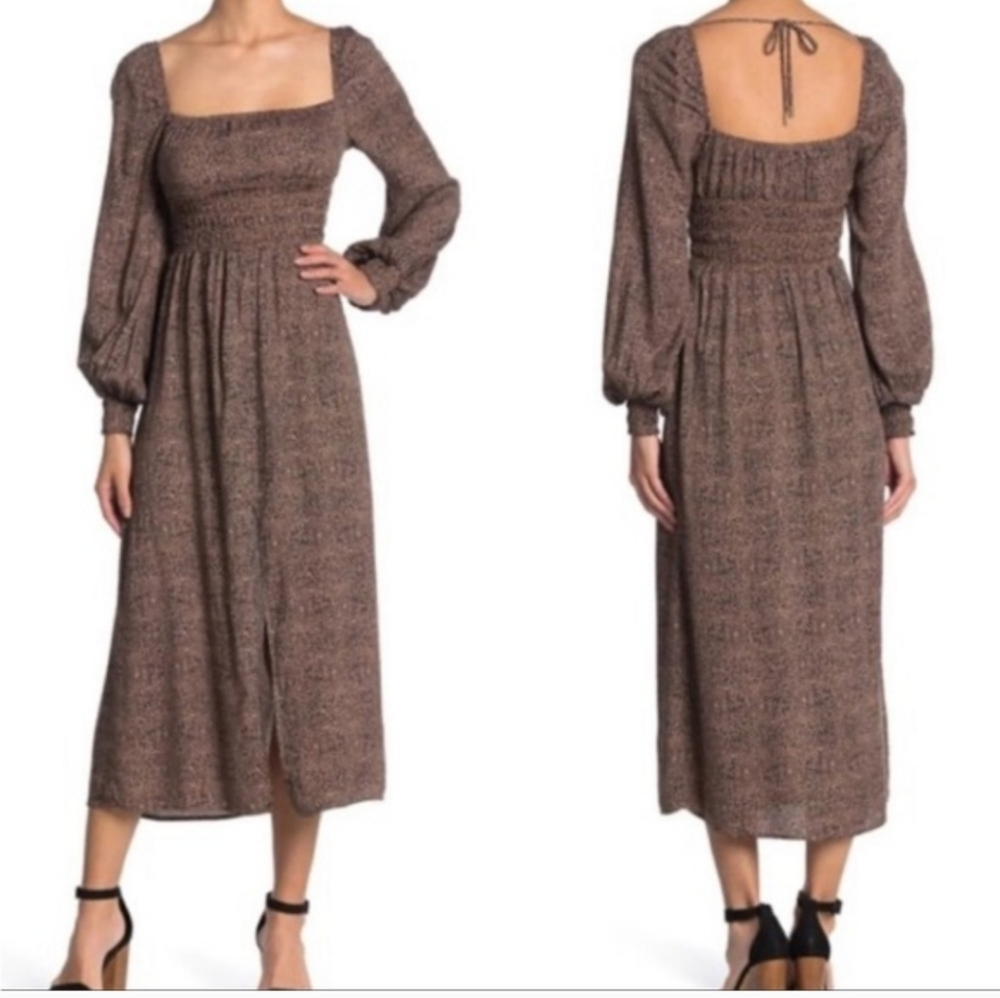 AFRM Brown Smocked Square Neck Long Sleeve Maxi Dress Cottagecore Boho M Prairie
